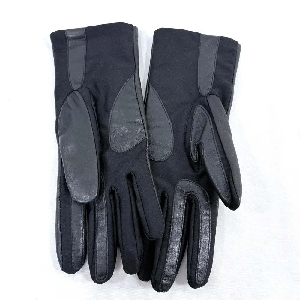 Aris Isotoner Gloves Black Leather Spandex Contrast Stitch Style 60409 Womens ML